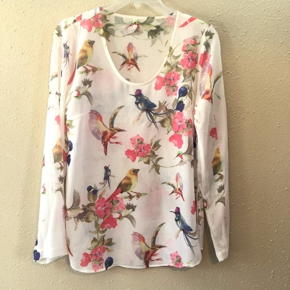 DNA Couture Sheer white blouse w/ Beautiful Bird S - Picture 4 of 10